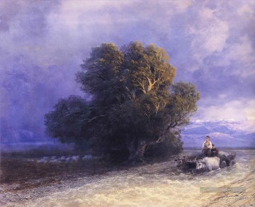 romantique romantisme Tableau Peinture - char à bœufs traversant une plaine inondée 1897 Romantique Ivan Aivazovsky russe
